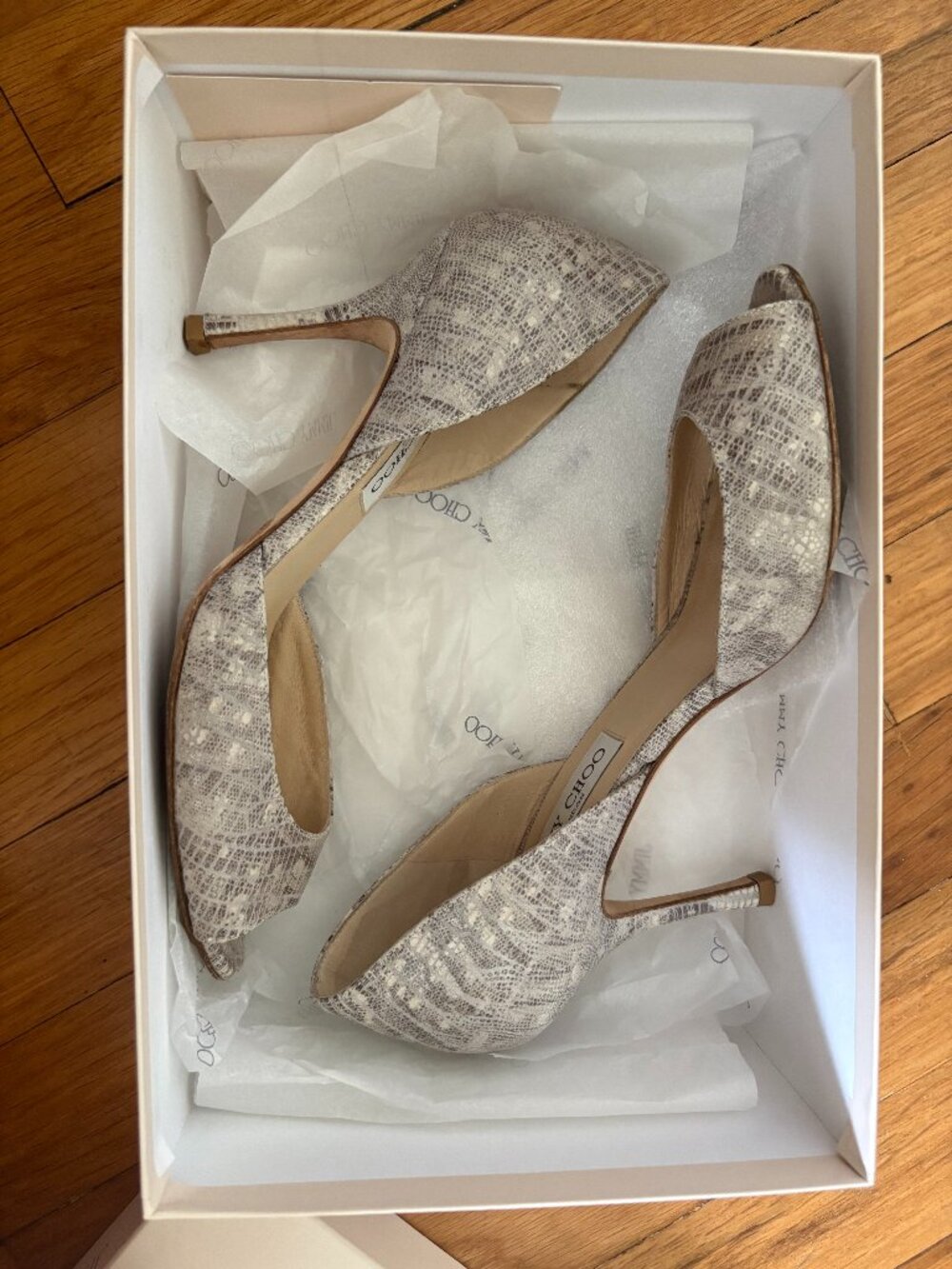Jimmy Choo Logan Lizard Embossed Patent Peep Toe D'Orsay Heels, Size 6.5